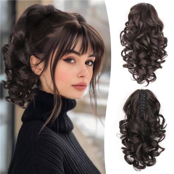 Long Curly Wavy Ponytail Extensions Black Brown
